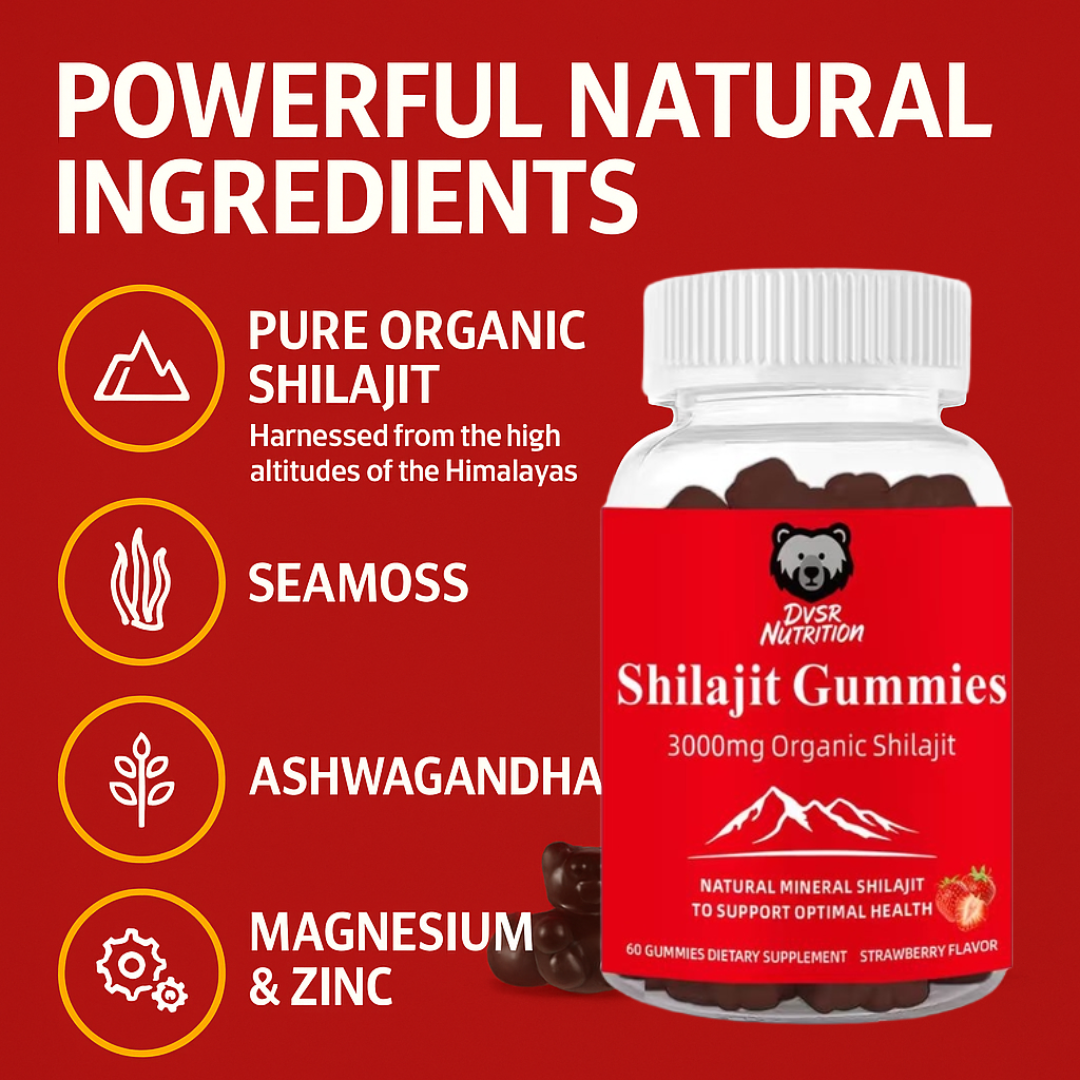 DVSR Shilajit Gummies – 3000mg Natural Energy & Focus Supplement (Strawberry, 60 count)