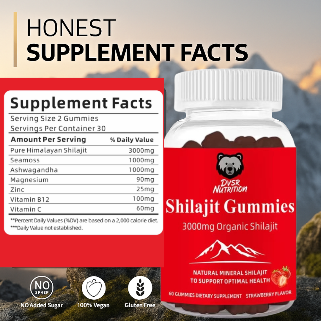 DVSR Shilajit Gummies – 3000mg Natural Energy & Focus Supplement (Strawberry, 60 count)