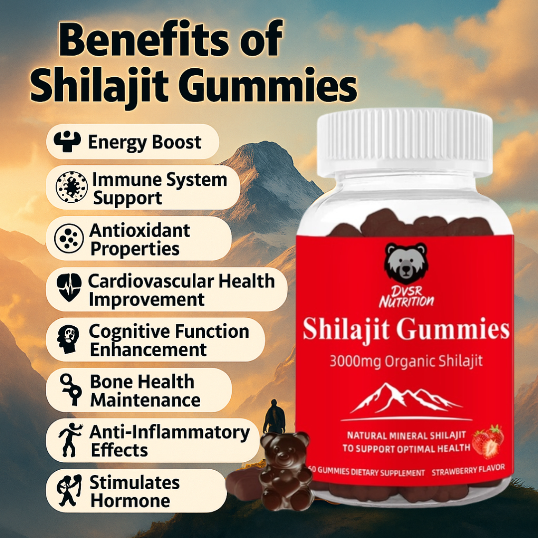 DVSR Shilajit Gummies – 3000mg Natural Energy & Focus Supplement (Strawberry, 60 count)